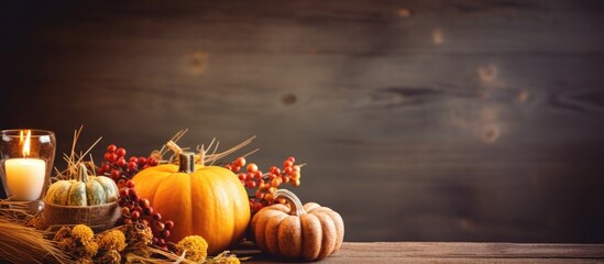 Canvas Print - Wooden table candle pumpkins