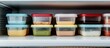 Many food containers on the refrigerator shelf