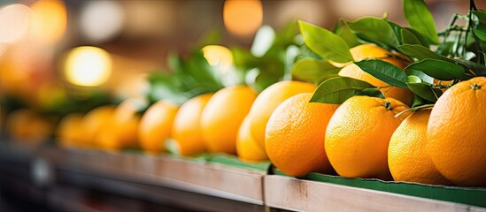 Canvas Print - Oranges displayed with green leaves on a shelf