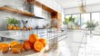 Monochromatic draft blends into a colored, modern kitchen with fruit and utensils.
