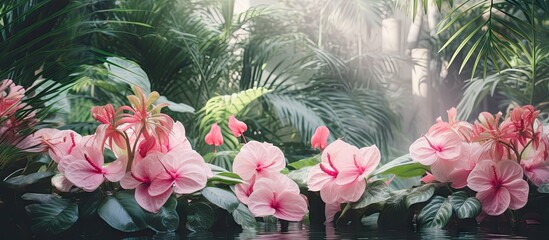 Wall Mural - Flowers floating in water with distant waterfall