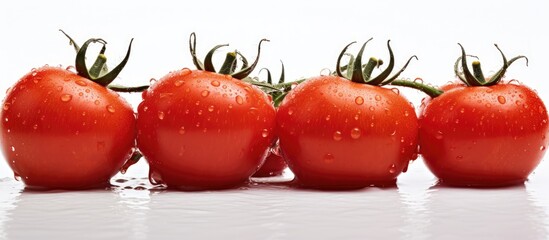 Sticker - four red tomatoes in line on white surface