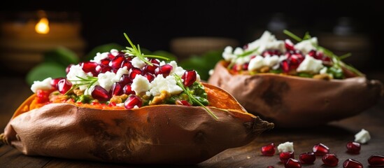 Canvas Print - Sweet potatoes, feta, and pomegranate on wooden surface