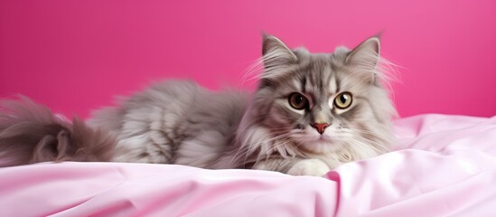 Poster - Cat lounging on pink blanket with curious gaze