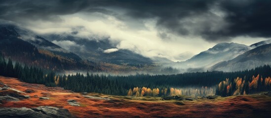 Wall Mural - Mountain range forest under cloudy sky