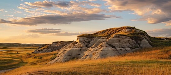 Poster - Grassy field with a large rock formation afar