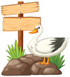 Cartoon duck standing next to a blank signpost