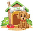 Cute brown puppy sitting by its doghouse