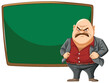 Cartoon of an angry man with a blank chalkboard
