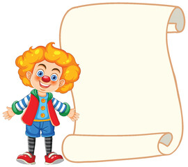 Wall Mural - Cheerful cartoon clown presenting an empty scroll