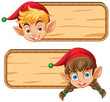 Two cartoon elves peeking behind wooden signs.