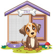 Cute brown and white puppy sitting by its kennel.