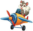Cartoon squirrel flying a colorful propeller plane.