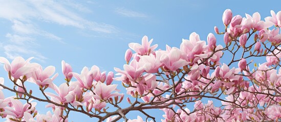 Canvas Print - Beautiful pink blossoms on tree under clear blue sky