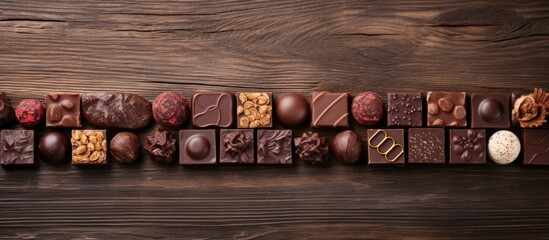 Poster - Chocolates lined up on a wooden surface with a paper