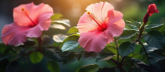 Wall Mural - Two pink blossoms under the sunlight