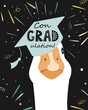 Funny graduate goose character in graduation hat with ConGradulation lettering. Geese wearing in grad cap. Vector isolated illustration.
