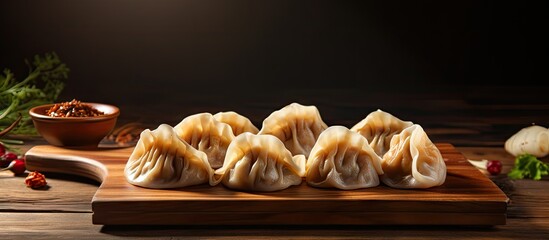 Sticker - Plate of steamed dumplings on wooden surface