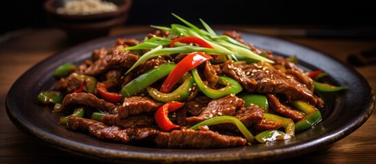 Wall Mural - Savory beef and peppers with sesame on plate