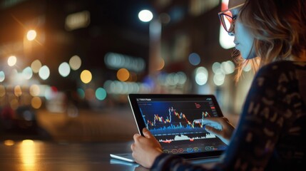 Wall Mural - Businesswoman studying stock market graphs on a tablet device, staying informed and making informed investment decisions.