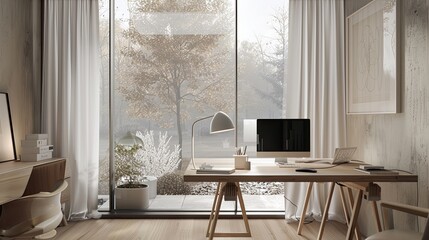 Wall Mural - 
In a minimalist Scandinavian home office, the camera focuses on a clean wooden desk positioned at the center. Surrounding it are glass walls allowing ample natural light to flood the space, all again