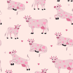 Wall Mural - Seamless pattern of cute cows with pink heart-shaped spots. Vector graphics.