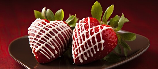 Poster - Two fresh strawberries topped with white icing on a dish