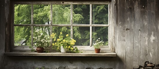 Wall Mural - Window with wooden sill, potted plants