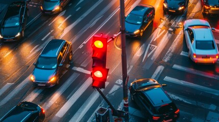 Canvas Print - Cars stopped at a red traffic light intersection, illustrating obedience to traffic laws and regulations.