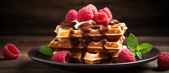 Wall Mural - Close up of delicious waffle topped with chocolate syrup and raspberries