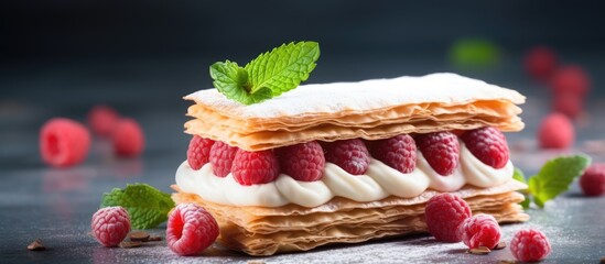 Sticker - Close-up of pastry adorned with raspberries and mint leaves