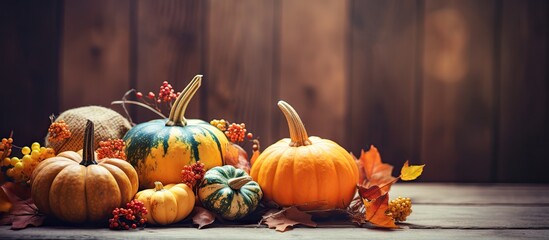 Poster - Autumn pumpkins wooden table group fall decorations