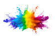 Dynamic explosion of rainbow-colored dust creating vibrant artistic effect. Explosive burst of colored paint powder in rainbow hues isolated on white background