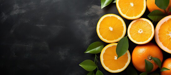 Canvas Print - Oranges and leaves against black backdrop