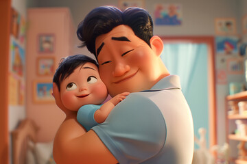 Asian dad hugging his baby, sweet and warm moment