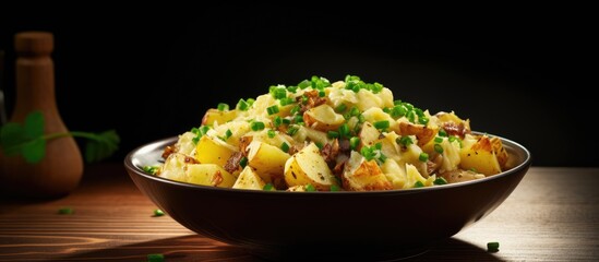 Sticker - A bowl of peas, potatoes, and bacon up close