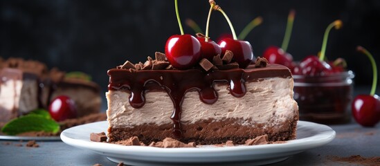 Wall Mural - Delicious cake topped with cherries and chocolate