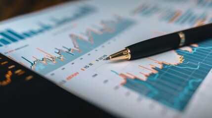 Fototapete - Close-up of a stock market graph printed on paper with a pen pointing at key data points, illustrating market analysis.