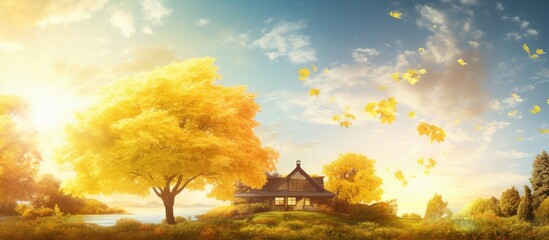 Wall Mural - House amidst field with swirling leaves