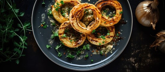 Wall Mural - Plate with onion rings and herbs