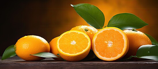 Sticker - Oranges and leaves on wooden surface against dark backdrop