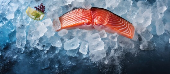 Poster - Fresh salmon on ice with a lemon slice