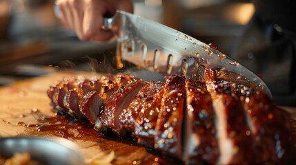 Wall Mural - Close-up of tender pork ribs being sliced for serving, revealing juicy meat and caramelized glaze.