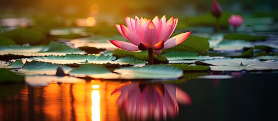 Wall Mural - Lotus flower floating with sunset backdrop