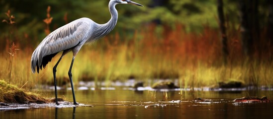 Wall Mural - Crane in water with grass and trees