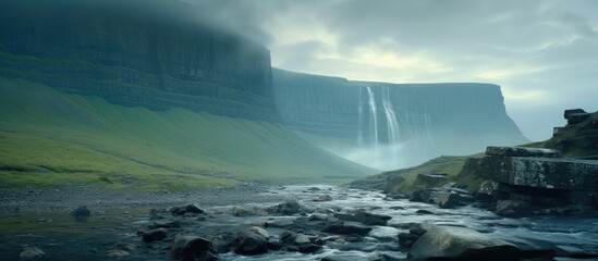 Sticker - Waterfall in the midst of mountain under cloudy skies