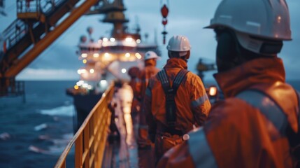 close-up of workers operating machinery on an offshore oil platform, demonstrating teamwork and indu