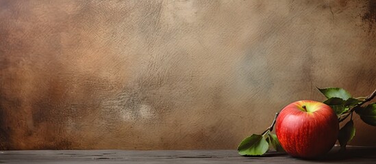 Poster - A ripe apple rests on table with leaf