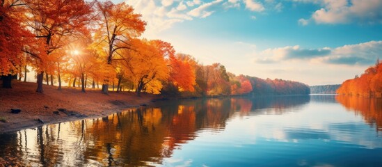 Wall Mural - A serene lake surrounded by autumn trees