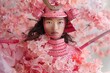 Portrait of a young woman in a pink samurai armor with cherry blossoms